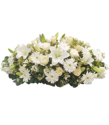 Cubre urna, 20 gerberas, 12 rosas, 10 liliums | FloresparaFuneral