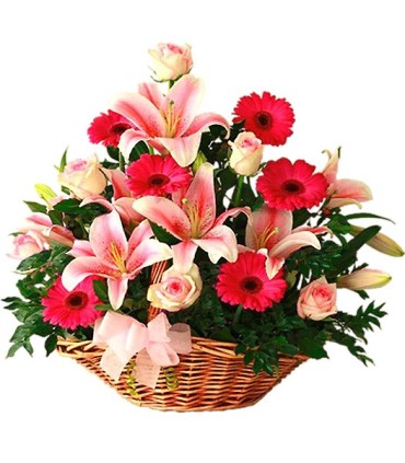 Canasta, 6 Rosas, 6 Liliums, 6 Gerberas | FloresparaFuneral.cl