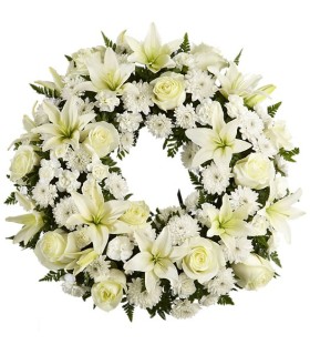 Corona 12 rosas blancas, 12 liliums blancos | FloresparaFuneral
