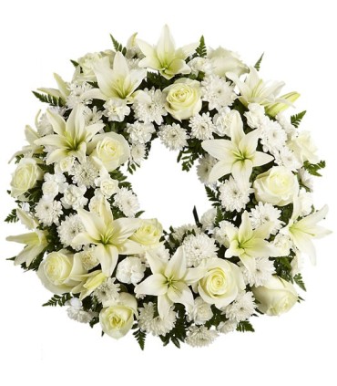 Corona 12 rosas blancas, 12 liliums blancos | FloresparaFuneral