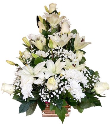 Canasta, 9 Rosas, 6 Liliums y Maule | FloresparaFuneral.cl
