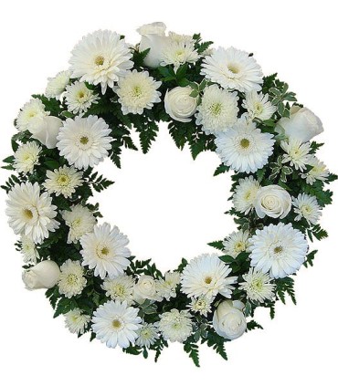 Corona, gerberas, rosas y maules blancos | FloresparaFuneral